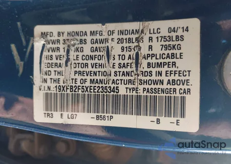 2014 Honda Civic Lx из США, поврежденный, VIN 19XFB2F5XEE235345